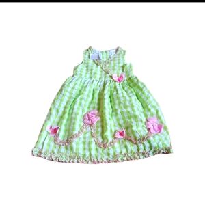 Bonnie Baby Girls Dress Size 5 Green White Gingham Check Cotton Bows Butterfly S